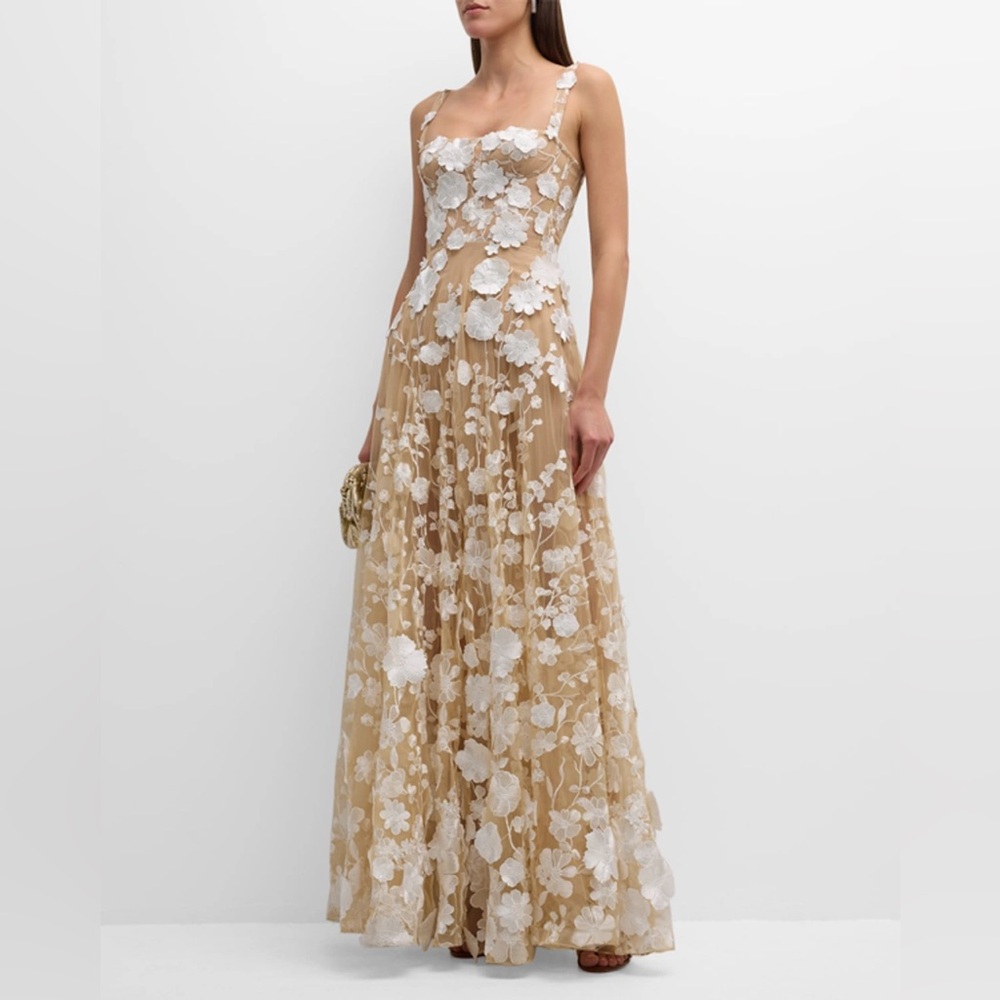 bronx and banco Strapless Beige Floral Lace Evening Dress